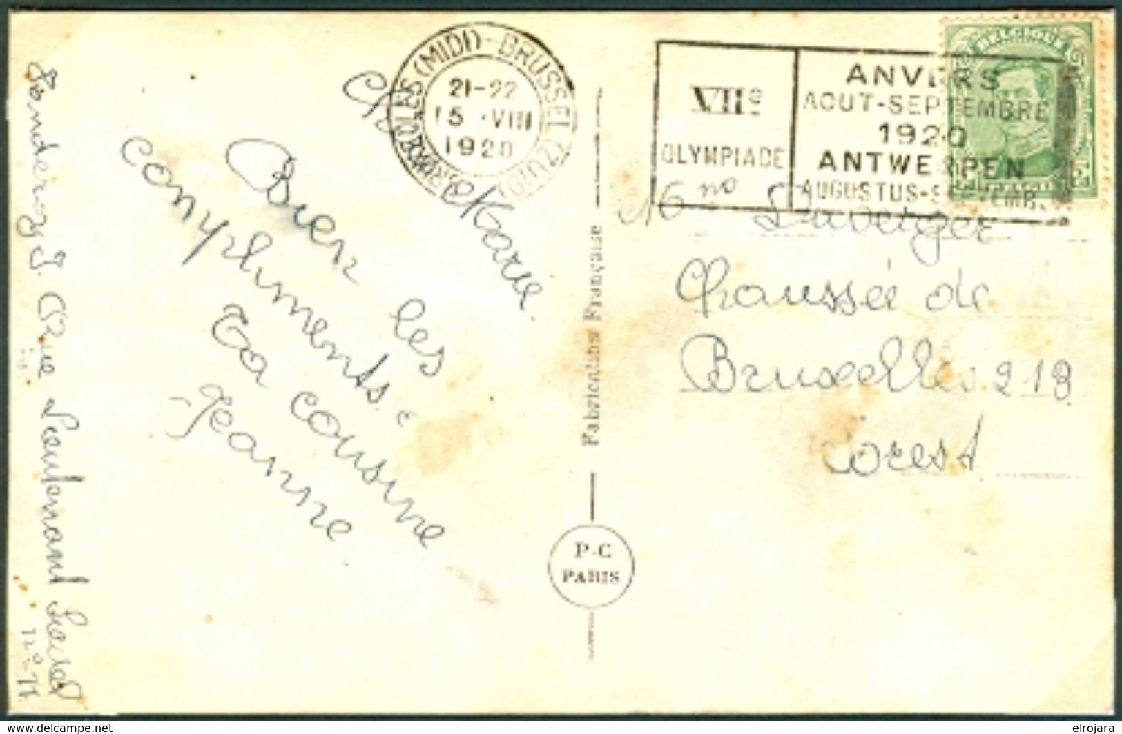BELGIUM Postcard With Olympic Machine Cancel Bruxelles Midi Brussel Zuid Dated 15-VIII 1920 Athletic Day - Ete 1920: Anvers