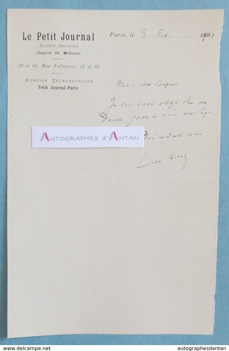 L.A.S 1890 Léon KERST Journaliste LE PETIT JOURNAL - Avocat & Musicologue Né à ROCROI - Lettre Autographe LAS Théâtre - Autres & Non Classés