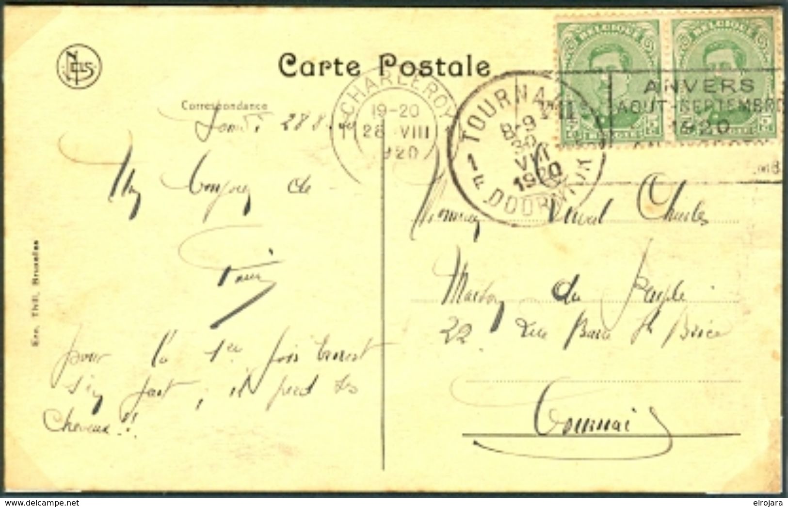 BELGIUM Postcard With Olympic Machine Cancel Charleroy 1 Dated 28-VIII 1920 Waterpolo/Soccer Day - Zomer 1920: Antwerpen