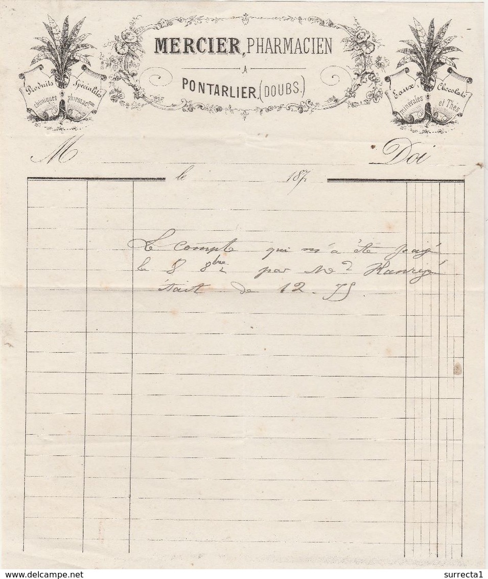 Facture 1870 / MERCIER Pharmacien / 25 Pontarlier Doubs - Autres & Non Classés