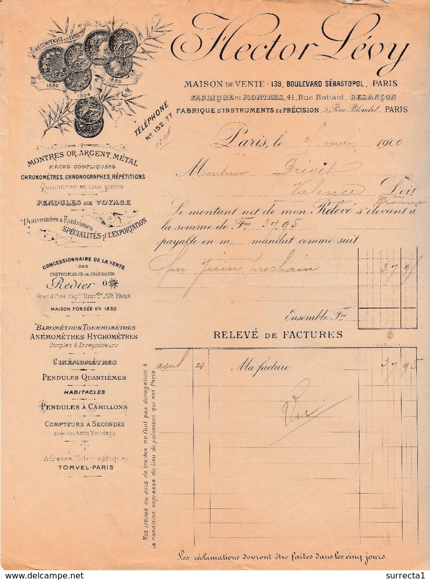 Facture 1900 / Hector LEVY / Instruments Précision / Chronographe Hygromètre Anémomètre / 75 Paris 139 Bd Sébastopol - Autres & Non Classés