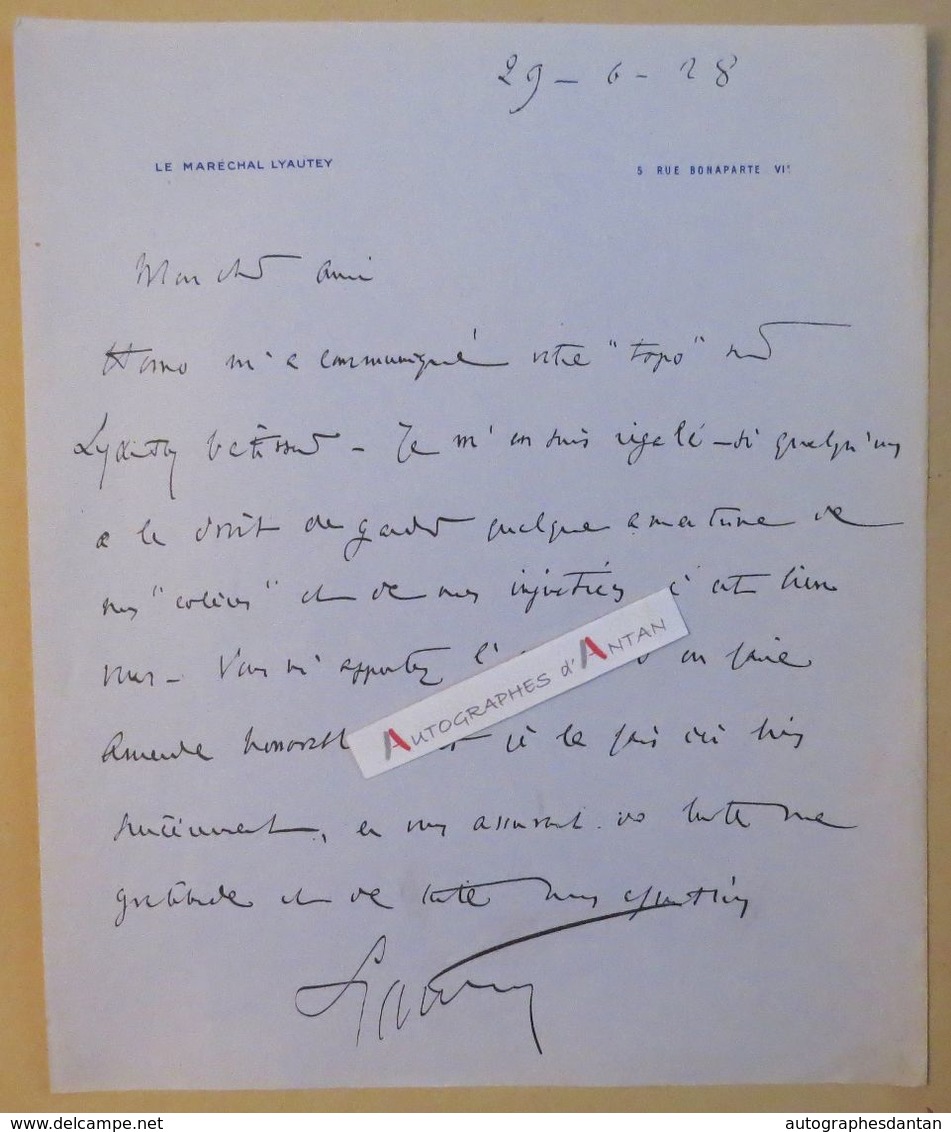 L.A.S 1928 Maréchal Hubert LYAUTEY à Albert Laprade Architecte - Roger HOMO - Marrakech - Lettre Autographe Académicien - Autres & Non Classés