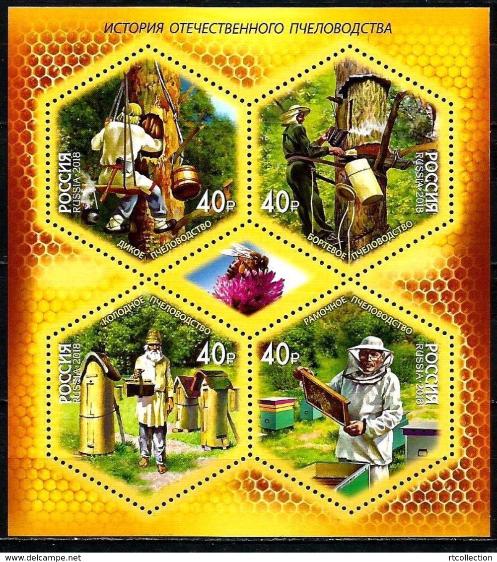 Russia 2018 M/S History Of Domestic Beekeeping Fauna Bees Honey Insetcs Honeybees Honeybee Nature Agriculture Stamps MNH - Sammlungen