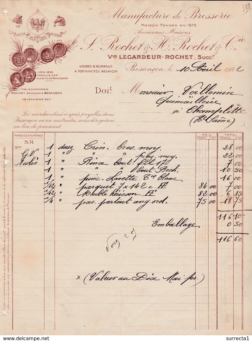 Facture 1922 / LEGARDEUR ROCHET / Manufacture Brosserie / 25 Besançon Doubs - Autres & Non Classés