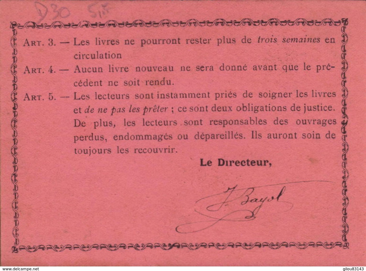 Carte Paroissiale De Boucoiran, Bibliotheque, Reglement, Signé J. Bayol      (bon Etat) - Autres & Non Classés