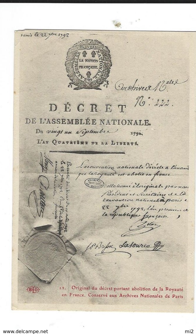 Original Du Décret Abolition De La Royauté 1792 ELD 12 Neuve TBE - Historia