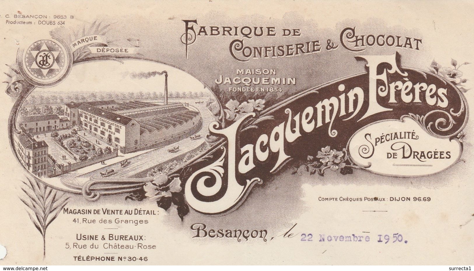 Facture JACQUEMIN Frères / Confiserie Chocolat Dragées / 41 Rue Des Granges / 25 Besançon Doubs - Autres & Non Classés