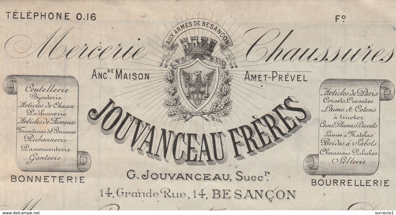 Facture  1910 / JOUVANCEAU Frères / Mercerie Chaussures / 14 Grande Rue / 25 Besançon Doubs - Autres & Non Classés