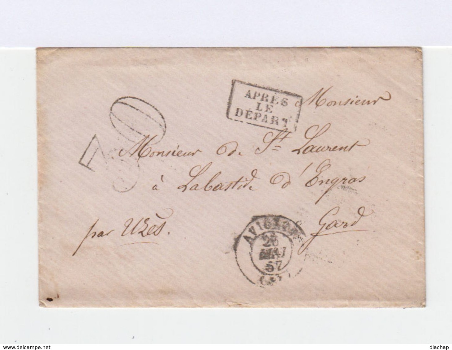 Sur Env. Pour Uzes CAD Avignon 1857. Cachet Après Le Départ. Taxe Double Trait 30. CAD Uzes. (594) - 1849-1876: Période Classique