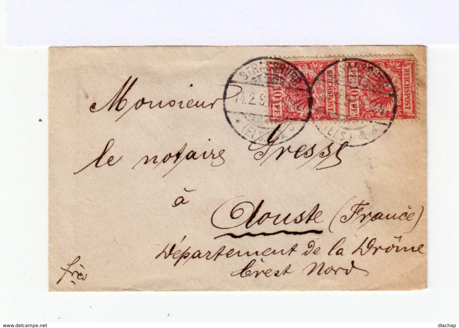 Sur Enveloppe Deux Timbres Reichspost 10 Pf. Rouge. Oblitération Stassburg 1891. (595) - Machines à Affranchir (EMA)