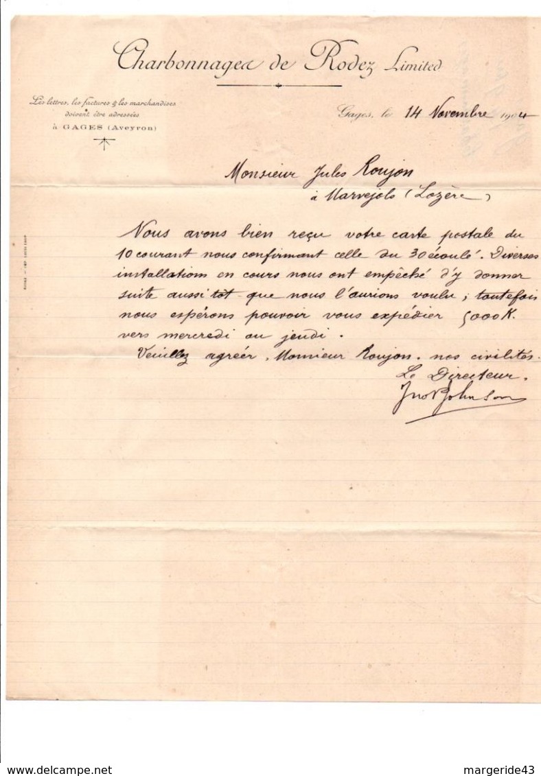 COURRIER CHARBONNAGES DE RODEZ à GAGES AVEYRON 1904 - 1900 – 1949