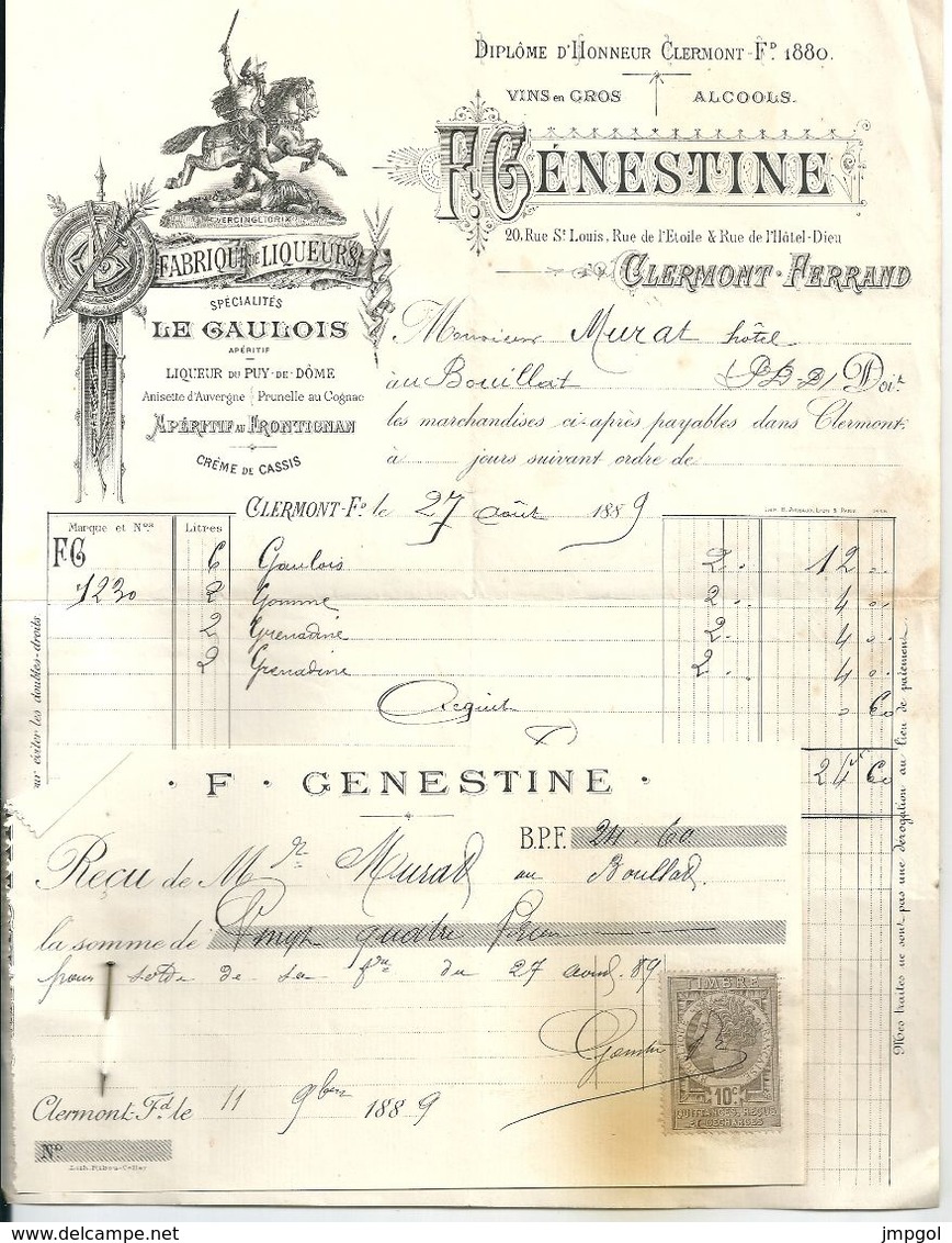 Facture 27 Août 1889 Fabrique Liqueurs F. GENESTINE Clermont Ferrand Spécialité Le Gaulois - 1800 – 1899