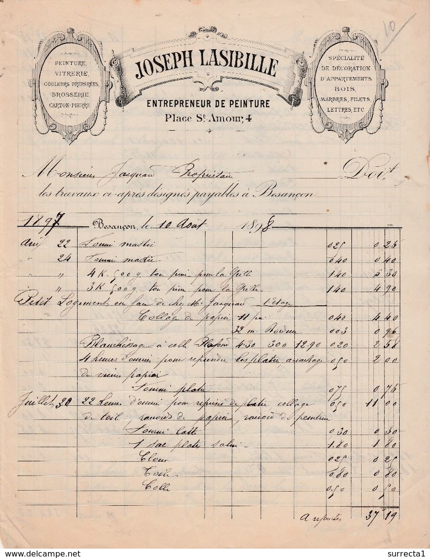 Facture 1898 / Joseph LASIBILLE / Peinture Décoration / 4 Place St Amour / 25 Besançon Doubs - Autres & Non Classés