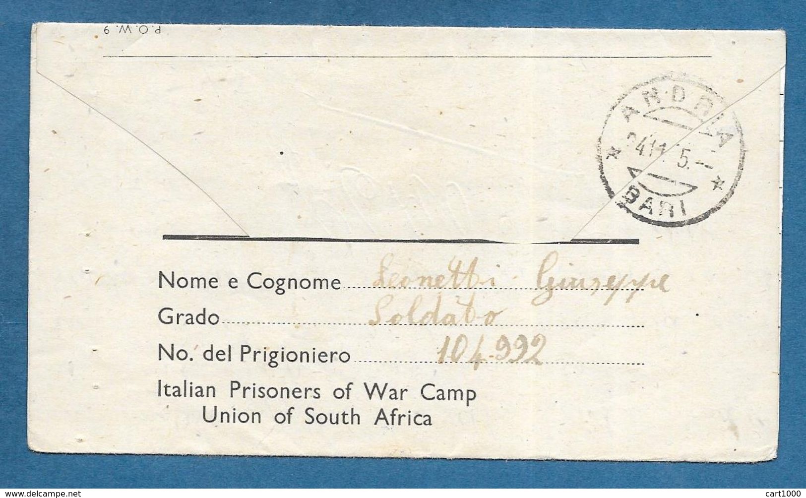 ITALIAN PRISONER OF WAR CAMP UNION SOUTH AFRICA  PRIGIONIERI DI GUERRA 1945 TO ANDRIA BARI - Documentos