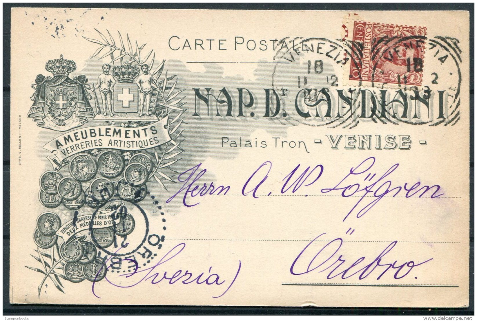 1902 Italy Venezia, Nap. De Candiani, Palais Tron Advertising Postcard - Orebo Sweden - Marcophilia