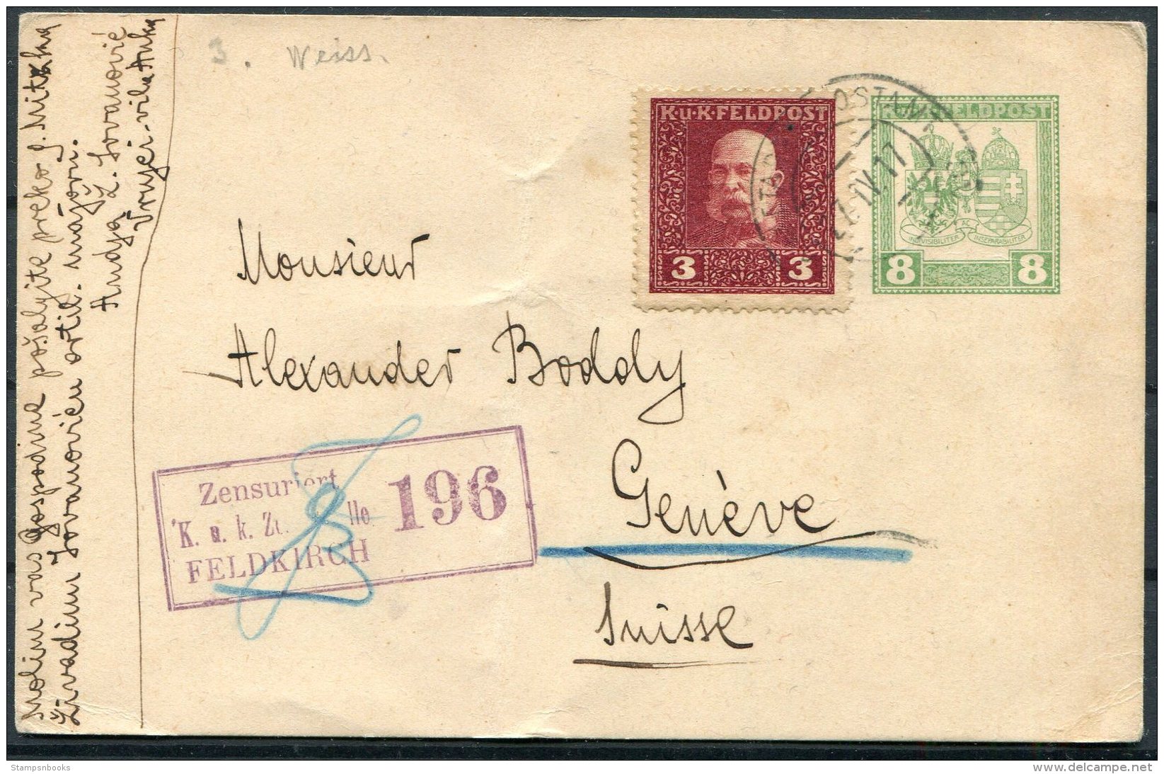 1917 Bosnia Uprated Stationery Postcard. Feldpost Feldkirch Censor - Geneva Switzerland - Bosnia And Herzegovina