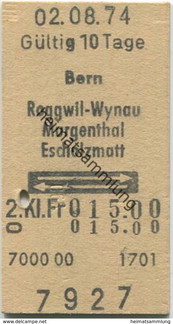 Schweiz - Bern Roggwil-Wynau Murgenthal Eschholzmatt Und Zurück - Fahrkarte 1974 - Europa