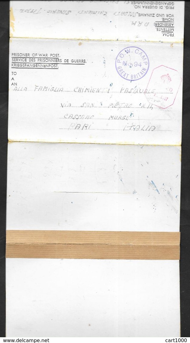 PRISONER OF WAR P.O.W. N.94 GREAT BRITAIN PASSED P.W. 4107 1944 KRIEGSFANGENNENPOST - Documenti