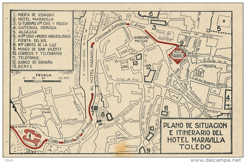 CARTE DE VISITE, HOTEL MARAVILLA, RESTAURANTE-JARDIN, TOLEDO, TOLEDE (ESPAGNE), PLAN, CARTE, MONUMENTS, MONUMENTOS - Cartes De Visite