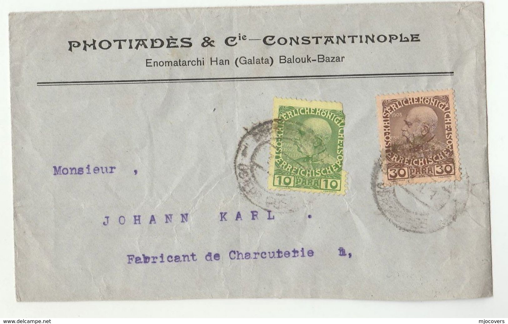 1910c Austria LEVANT Constantinople COVER Photiades Co ,stamps , Turkey - Covers & Documents