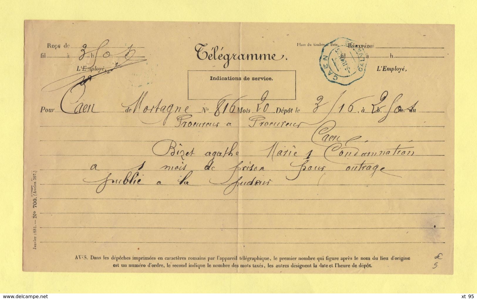 Telegramme - Pour Caen De Mortagne - 1885 - Télégraphes Et Téléphones