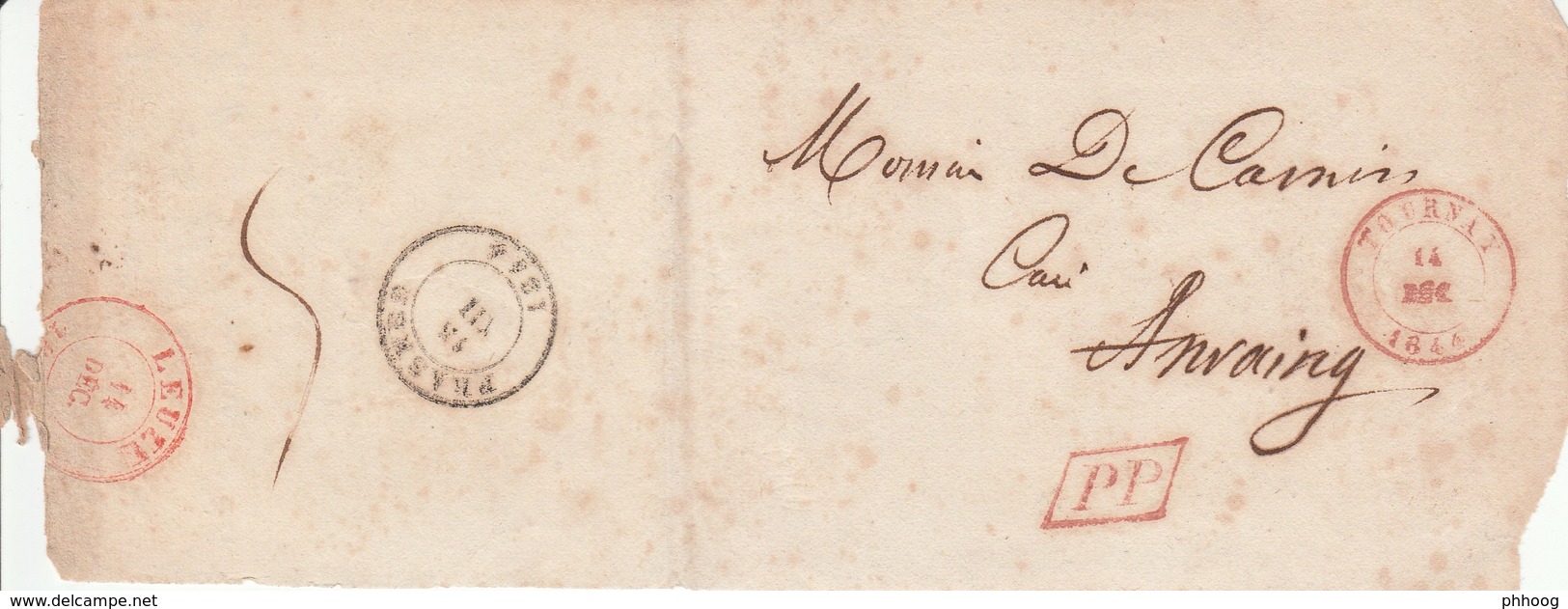 Gd Fragment Dc Rge Tournay 14 Mar 1844 V. Anvaing + PP Enc ; Verso : Dc Rge Leuze + Dc Noir Frasnes Port 5 - 1830-1849 (Belgique Indépendante)