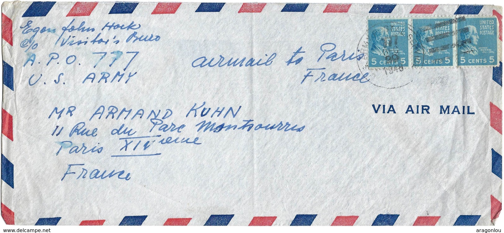 Letter Air Mail US Army Postal Service, Dec.29 1948 A.P.O.777 To Paris France, 3stamps 5 Cents (2scans) - Brieven En Documenten