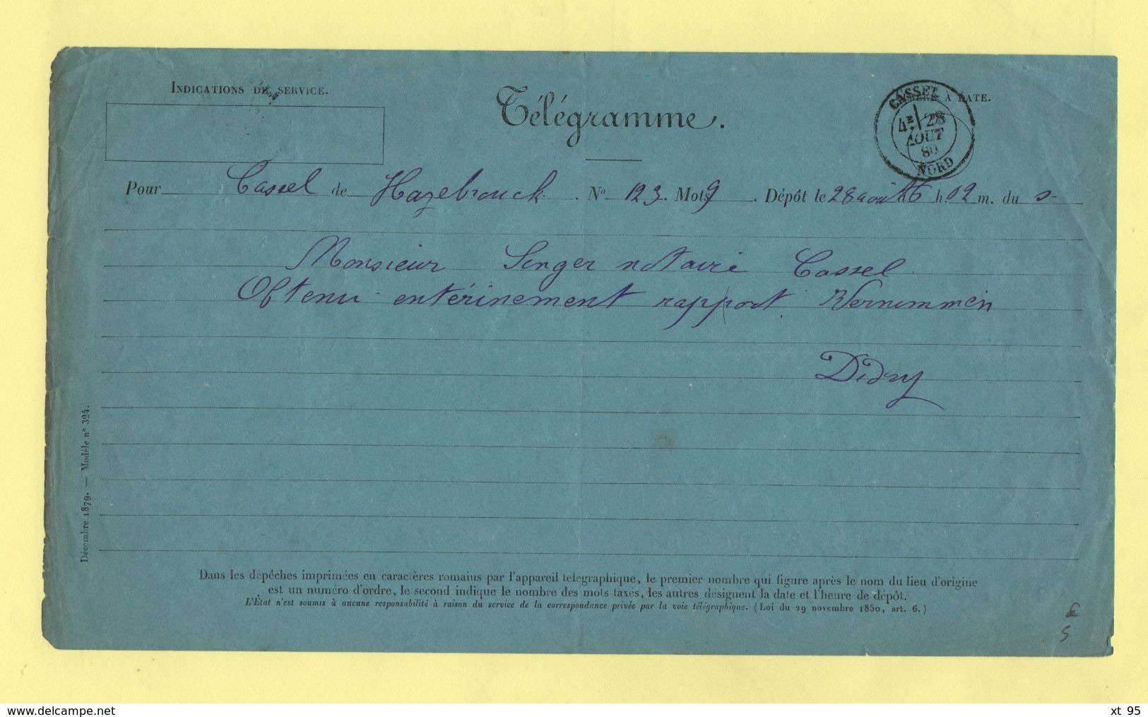 Telegramme - Pour Cassel Nord De Hazebrouck - 1880 - Télégraphes Et Téléphones