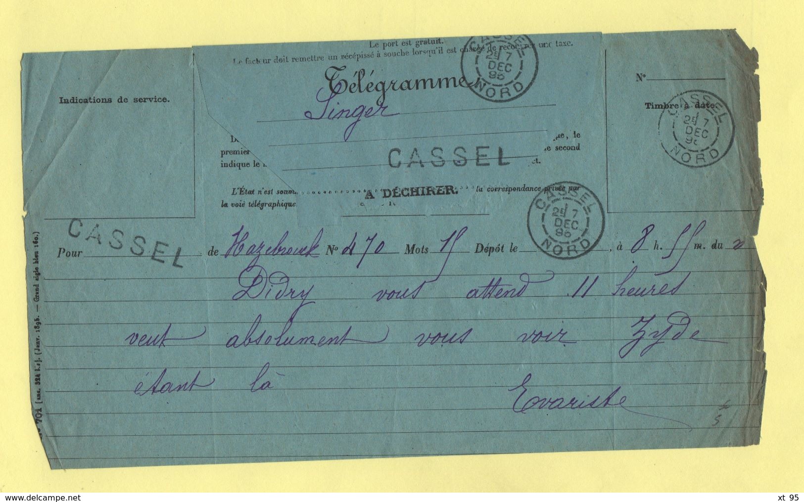 Telegramme - Pour Cassel Nord De Hazebrouck - 1895 - Telegramas Y Teléfonos