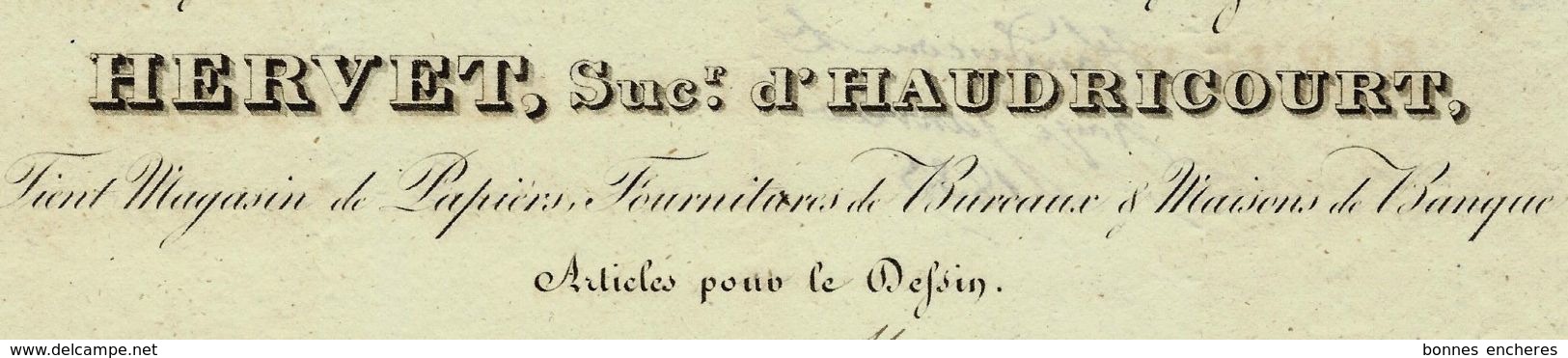 1837 HERVET SUCCESSEUR D'HAUDRICOURT PAPIER FOURNITURE DESSINS à PARIS B.E.VOIR SCANS - 1800 – 1899