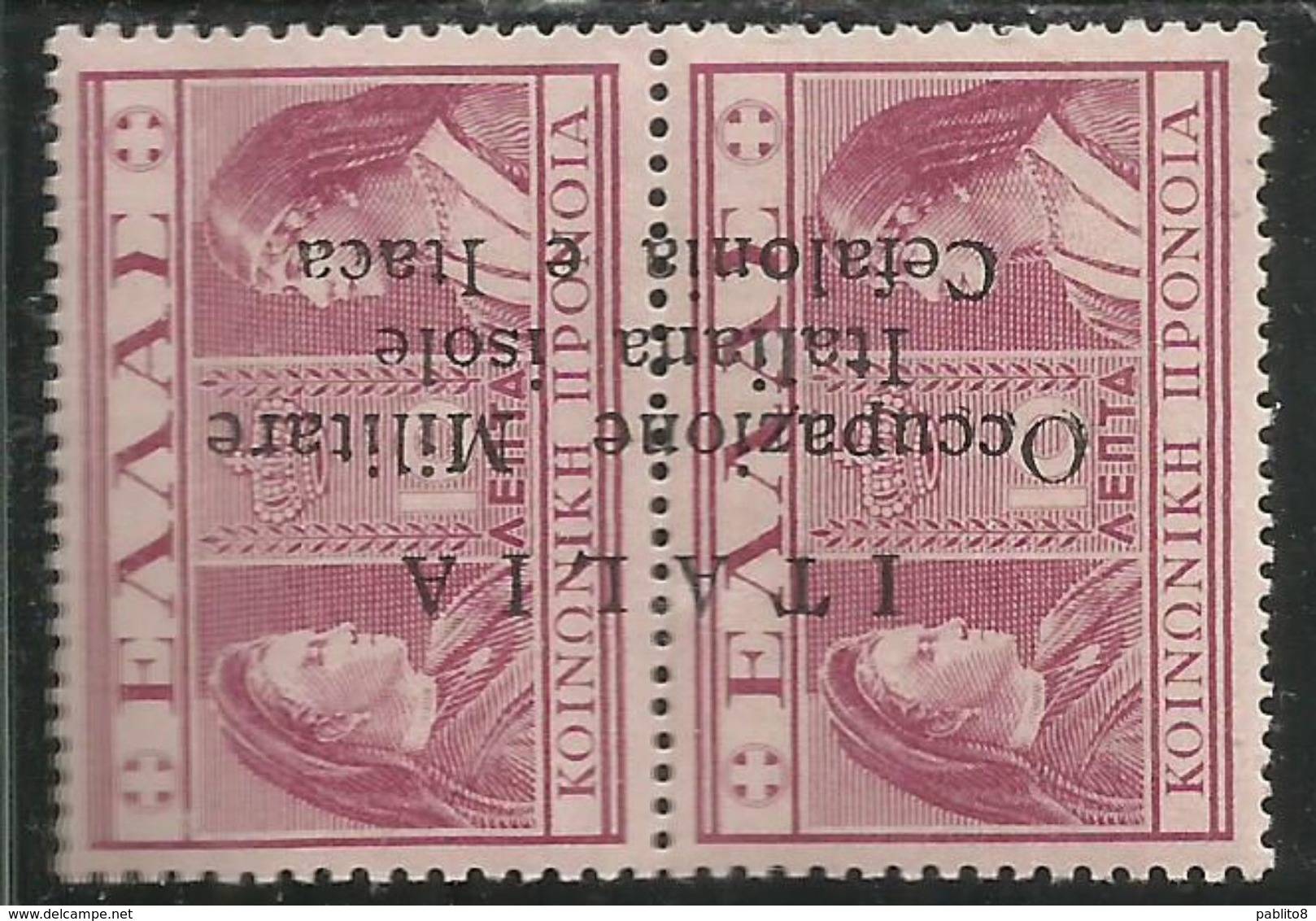 CEFALONIA E ITACA 1941 PREVIDENZA SOCIALE DEL 1939 VARIETÀ SOPRASTAMPA CAPOVOLTA VARIETY DRACME 10d + 10 D MNH SIGNED - Cefalonia & Itaca