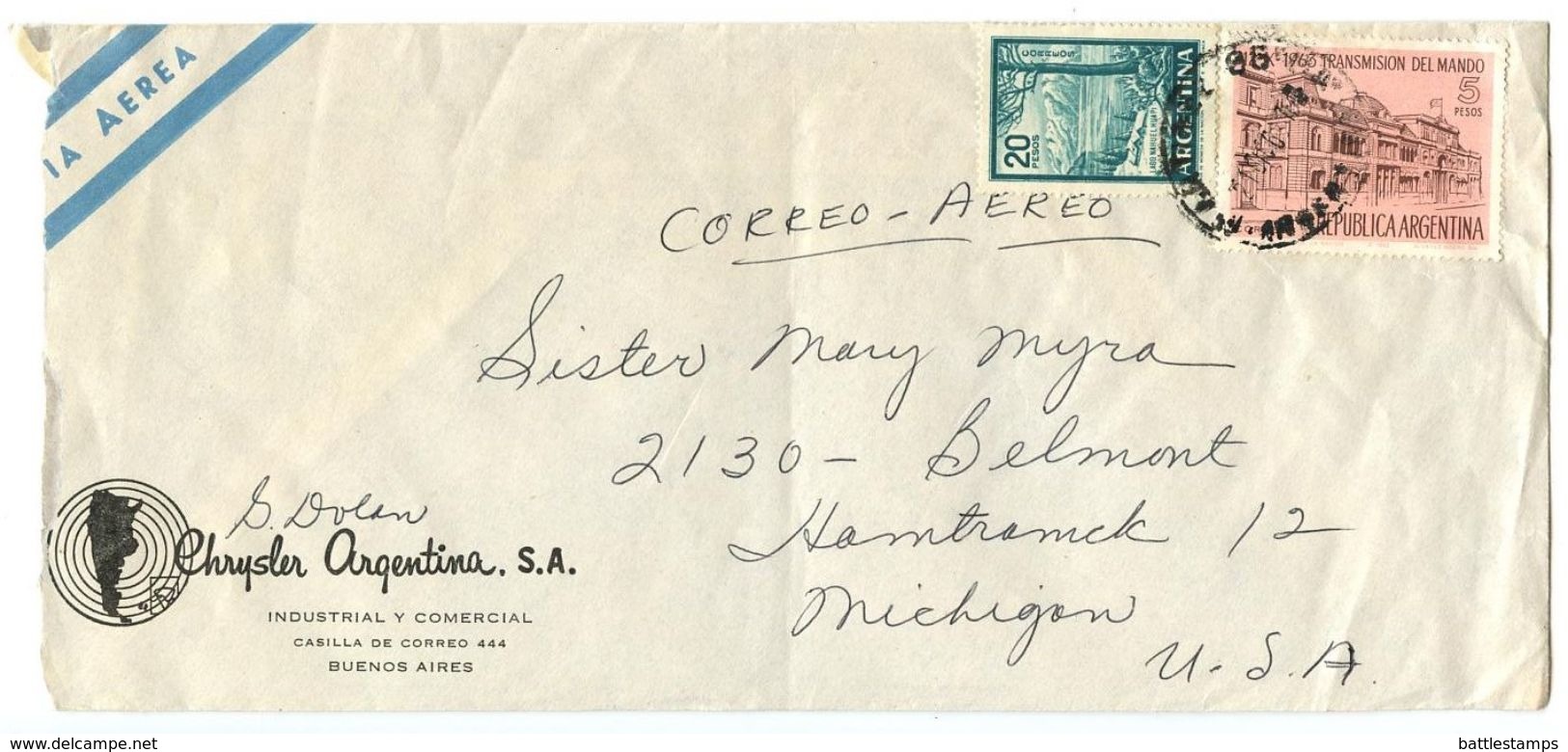 Argentina 1960‘s Airmail Cover Buenos Aires - Chrysler To Hamtramck, Michigan - Covers & Documents