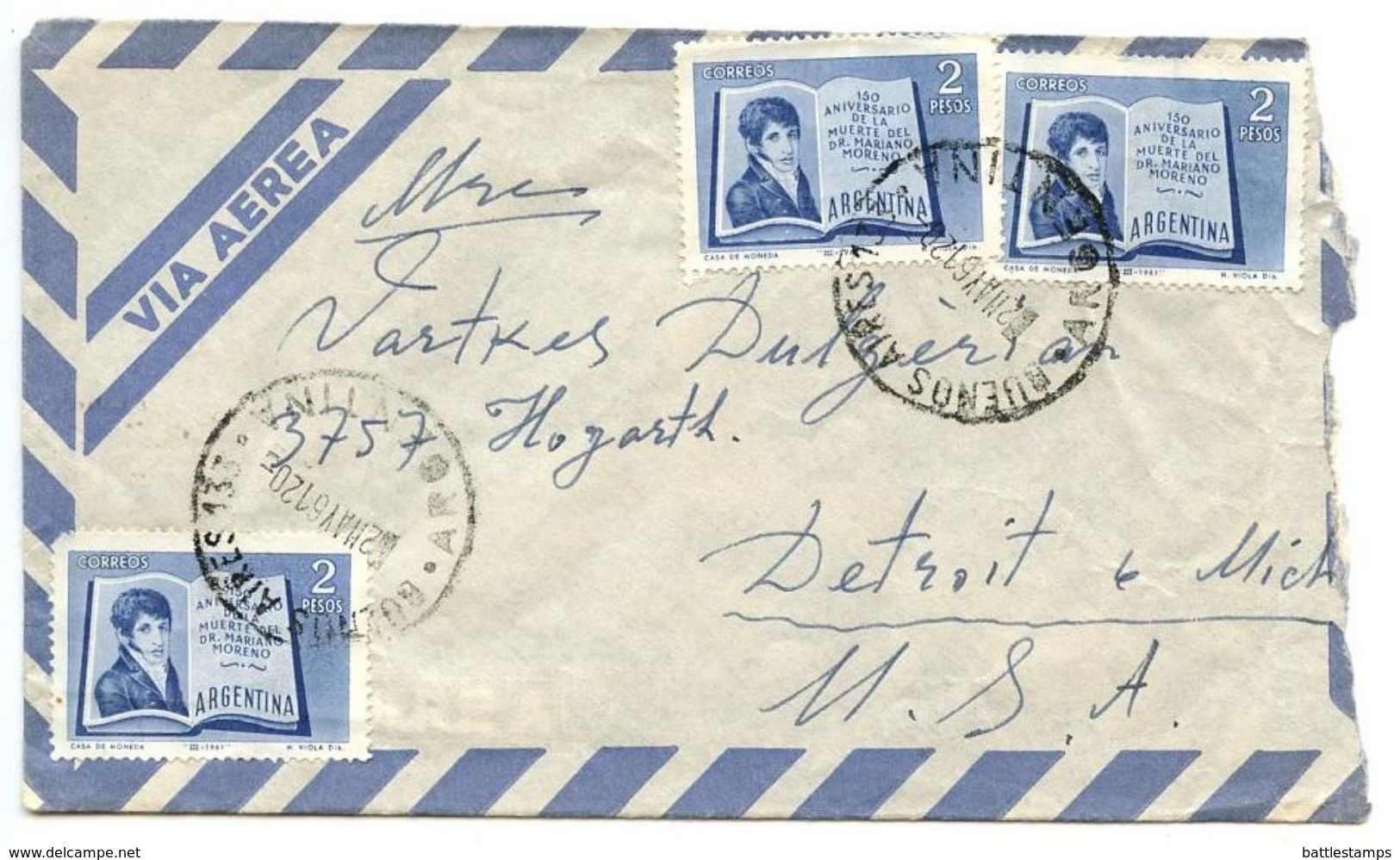 Argentina 1961 Airmail Cover Buenos Aires To Detroit, Michigan W/ Scott 726 X 3 - Covers & Documents