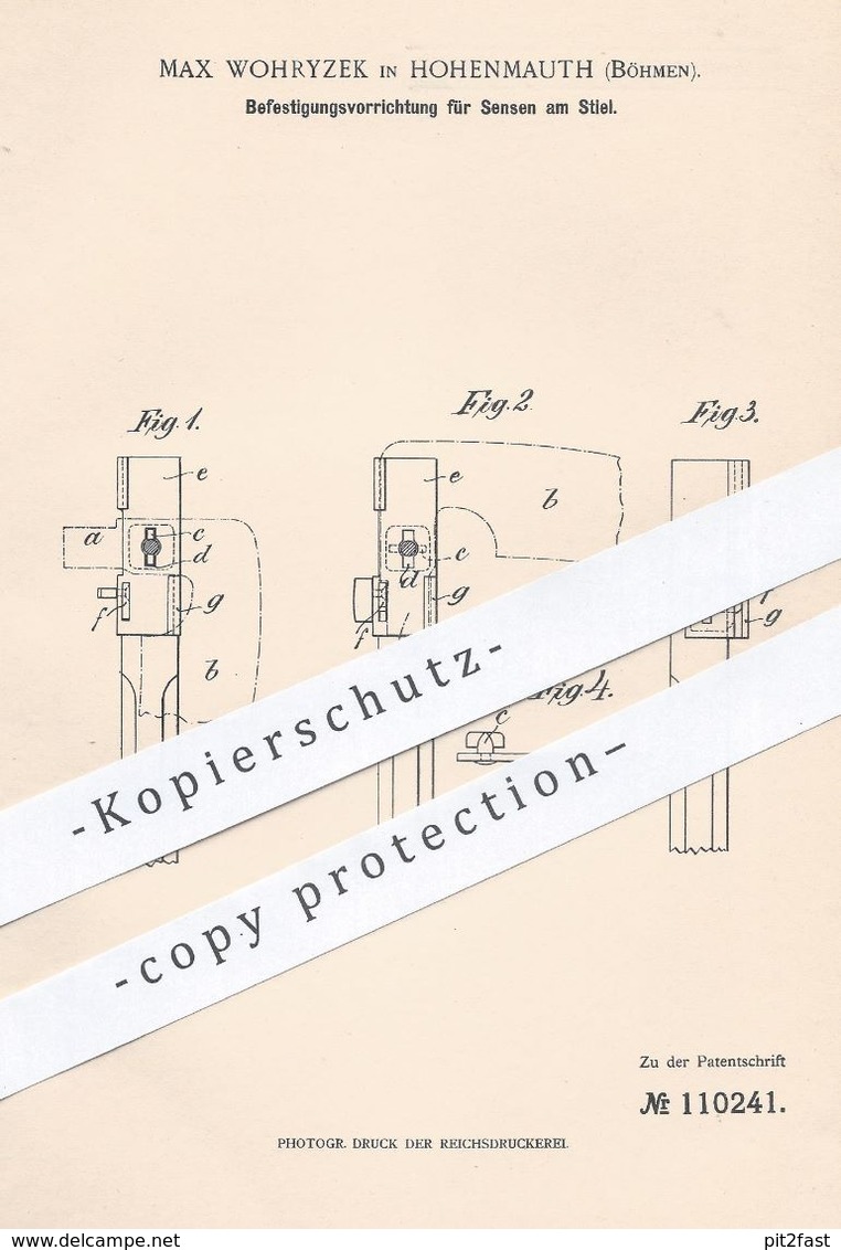 Original Patent - Max Wohryzek , Hohenmauth / Böhmen , 1898 , Befestigung Für Sensen Am Stiel | Sense , Geräte , Gärtner - Historische Dokumente