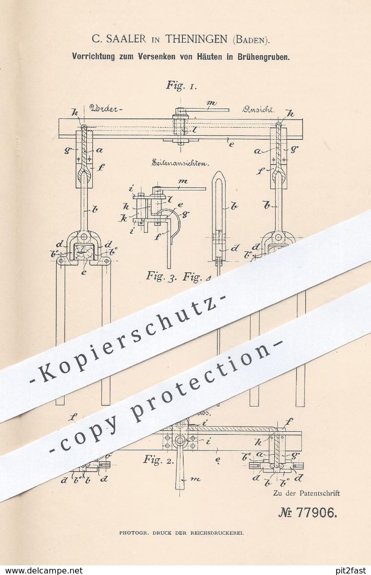 Original Patent - C. Saaler , Teningen , Freiburg 1894 , Versenken Von Häuten In Brühengrube | Gerber , Leder , Gerberei - Historische Dokumente