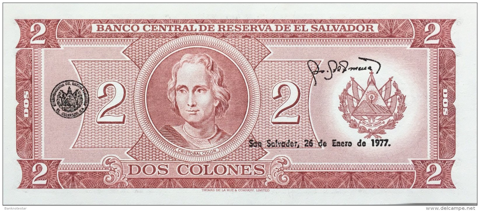 El Salvador 2 Colones, P-124 (26.1.1977) UNC - El Salvador