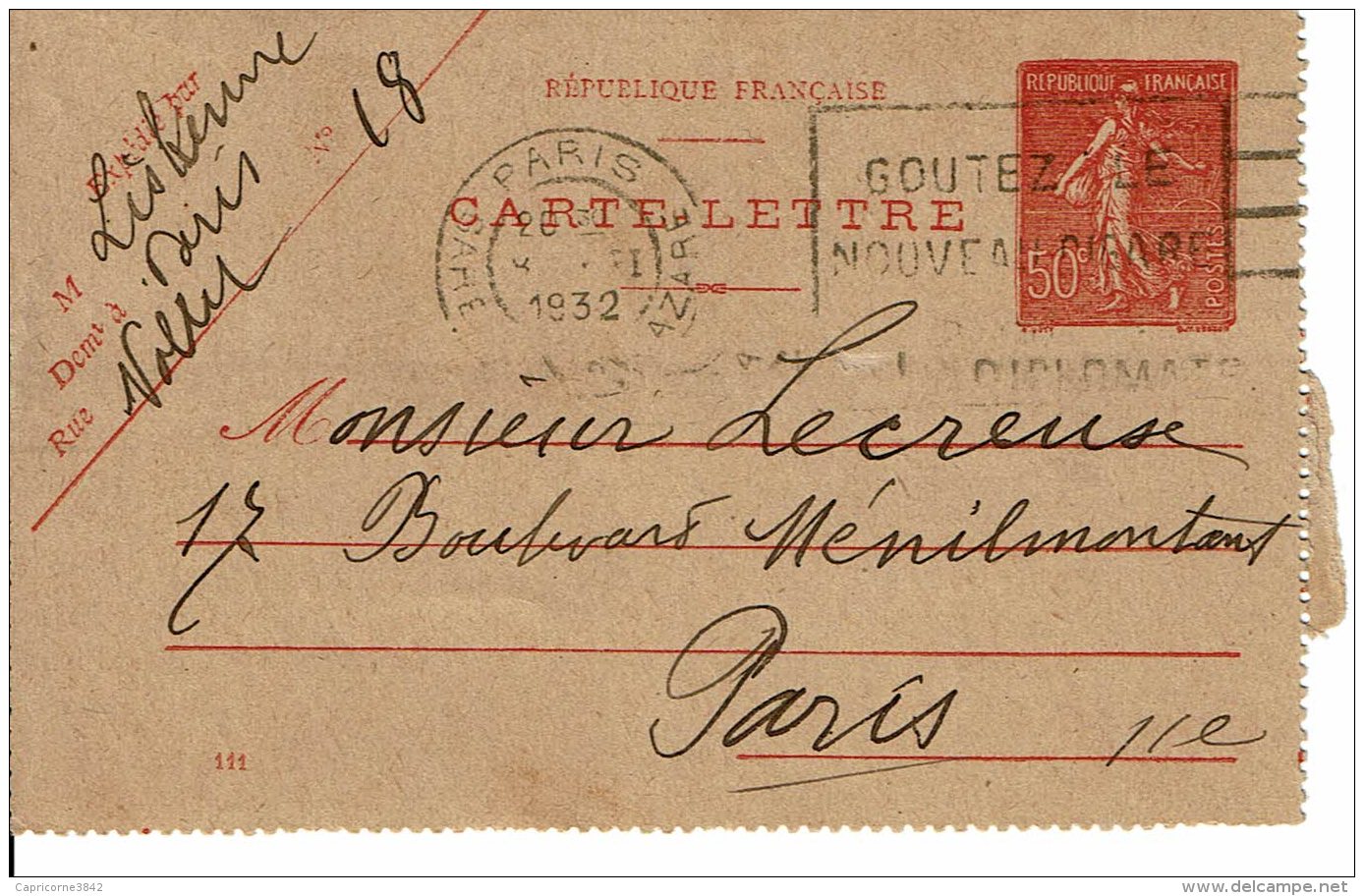 1932 - Carte Lettre De Paris Pour Paris - Tp Semeuse 50ct (n°199) - Date émission 111 - Kaartbrieven
