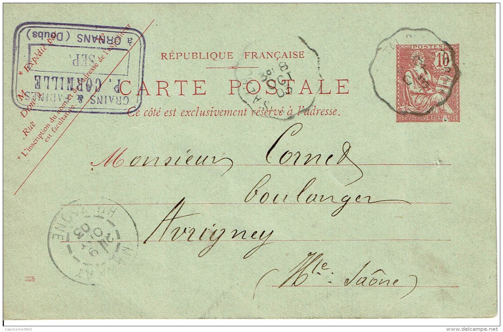 1909 - Carte Entier Postal - De Ornans Pour Avrigny - Tp Mouchon 10ct (n°125) - Cartes Postales Types Et TSC (avant 1995)