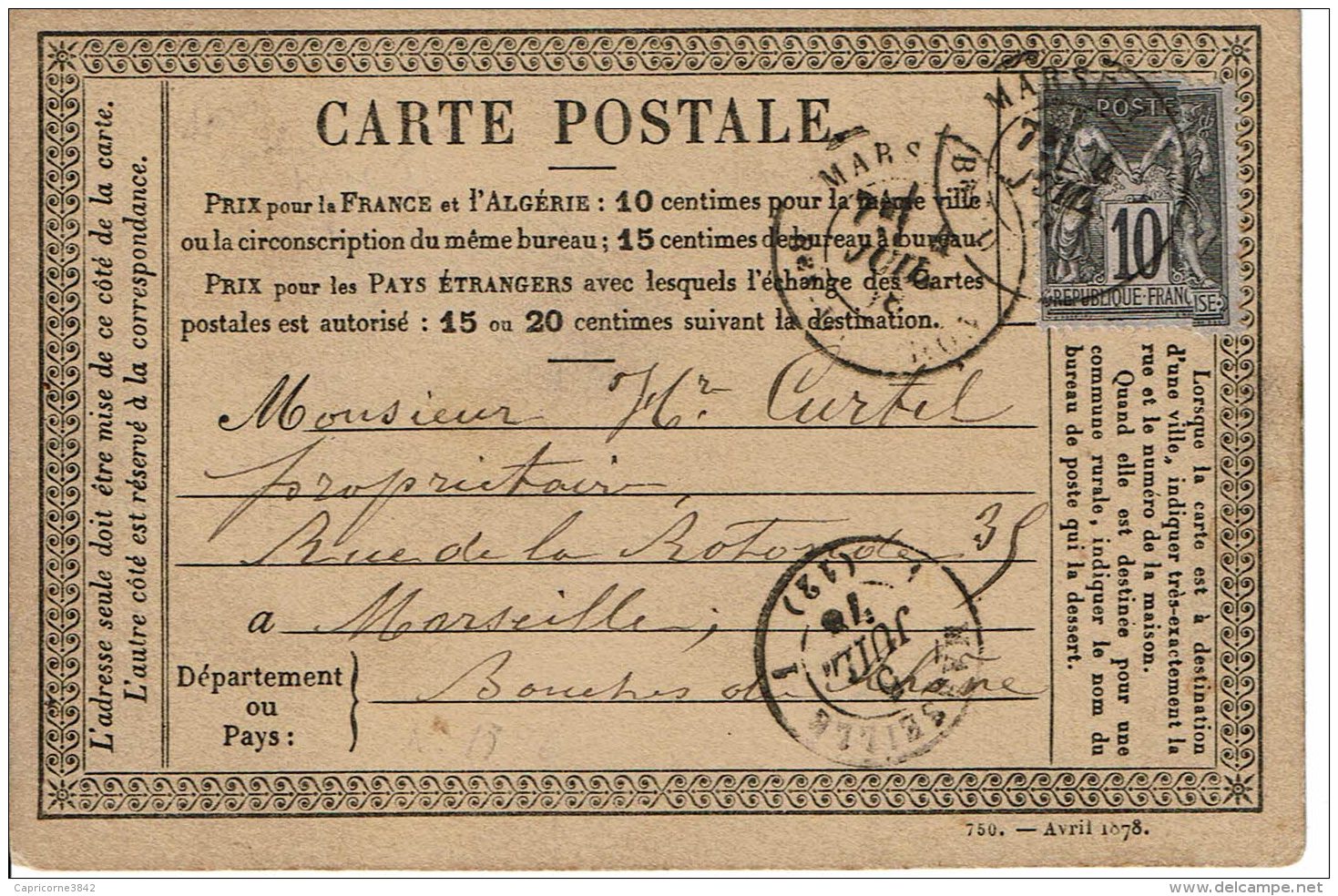 1878 -Carte Postale Précurseur De Marseille Pour Marseille -Tp Sage N°89 -Obl Cachet Départ Type 17bis, Arrivée Type 15 - Precursor Cards