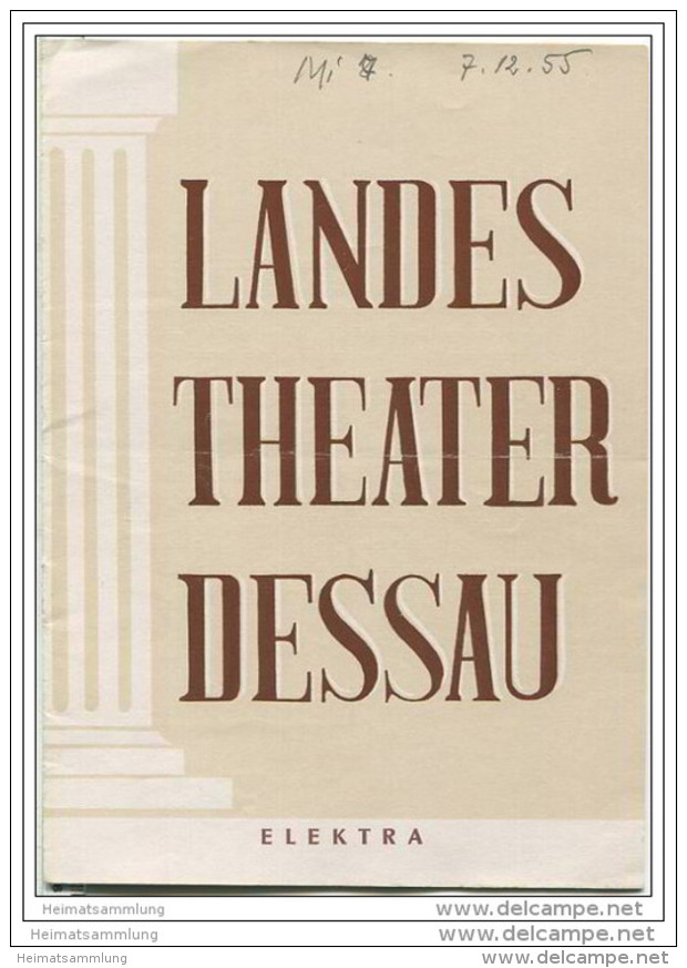Landestheater Dessau - Spielzeit 1955/56 Nummer 14 - Elektra Von Richard Strauss - Magdalena Güntzel - Vilma Fichtmüller - Theater & Dans