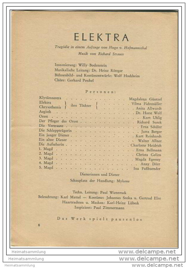 Landestheater Dessau - Spielzeit 1955/56 Nummer 14 - Elektra Von Richard Strauss - Magdalena Güntzel - Vilma Fichtmüller - Teatro E Danza