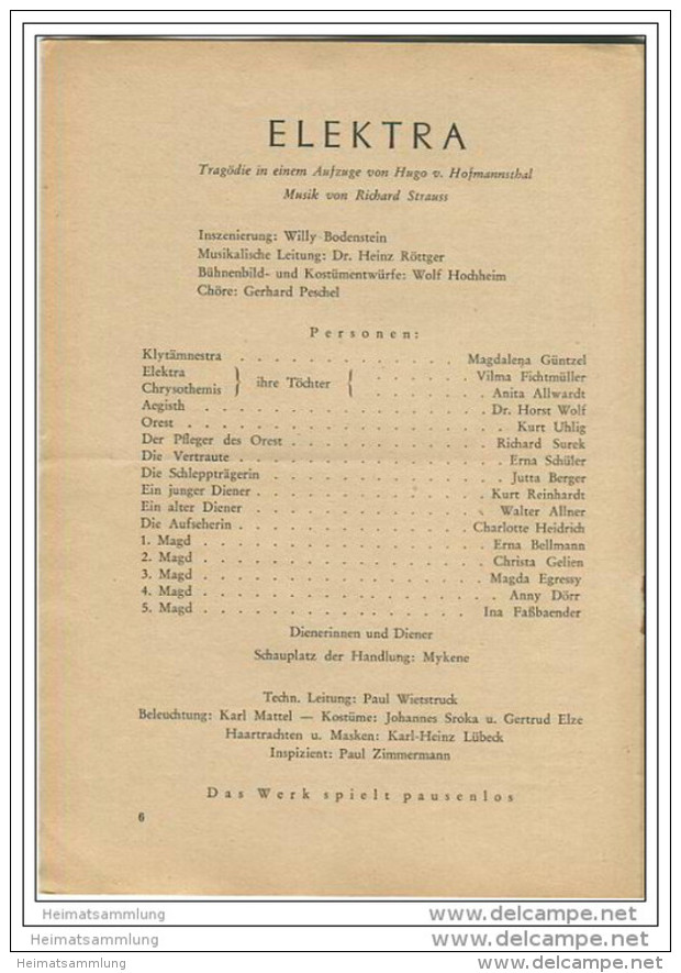 Landestheater Dessau - Spielzeit 1955/56 Nummer 14 - Elektra Von Richard Strauss - Magdalena Güntzel - Vilma Fichtmüller - Theatre & Dance