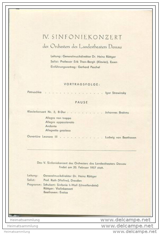 Landestheater Dessau - Spielzeit 1956/57 Nummer 20 - IV. Sinfoniekonzert - Professor Erik Then-Bergh - Gerhard Peschel - Teatro E Danza