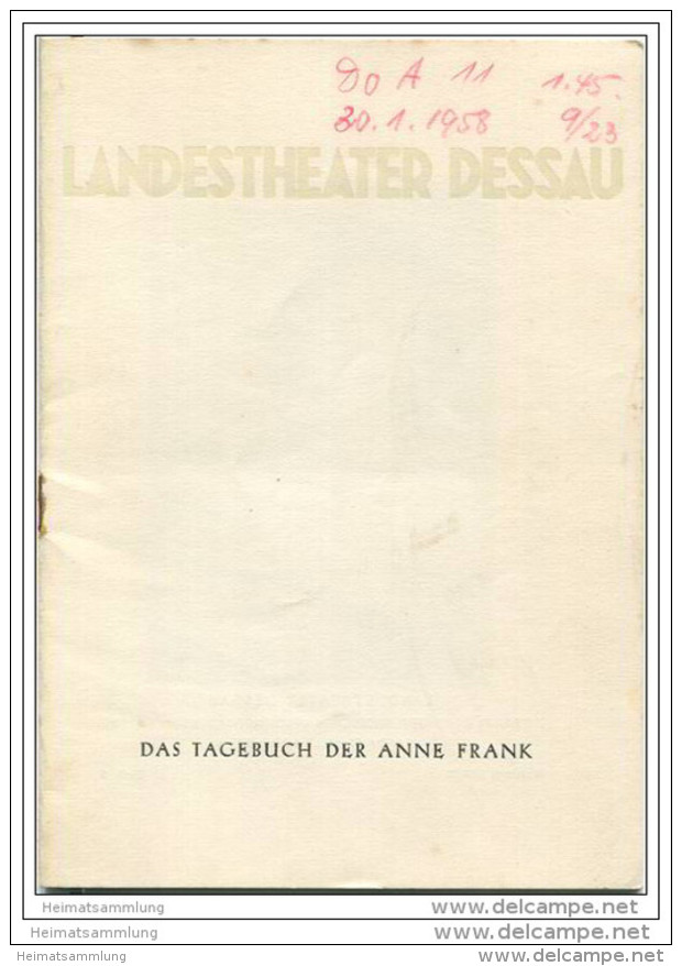 Landestheater Dessau - Spielzeit 1957/58 Nummer 5 - Das Tagebuch Der Anne Frank Von Frances Goodrich Und Albert Hackett - Theater & Dans