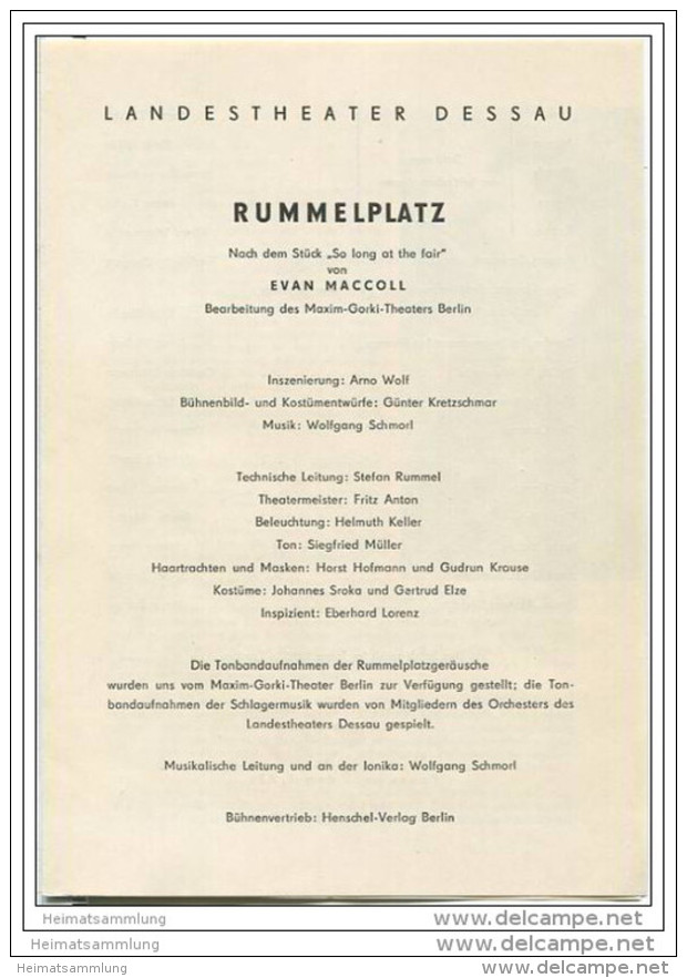 Landestheater Dessau - Spielzeit 1962 Nummer 2 - Rummelplatz Von Evan Maccoll - Ewald Zischka - Peter Kühle - Theater & Dans