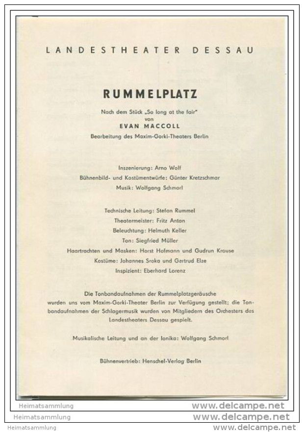 Landestheater Dessau - Spielzeit 1962 Nummer 2 - Rummelplatz Von Evan Maccoll - Ewald Zischka - Peter Kühle - Theater & Tanz