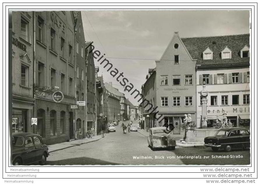 Weilheim - Marienplatz - Schmied-Strasse - Autos - Stölzle &amp; Simander Bank - Foto-AK - Weilheim