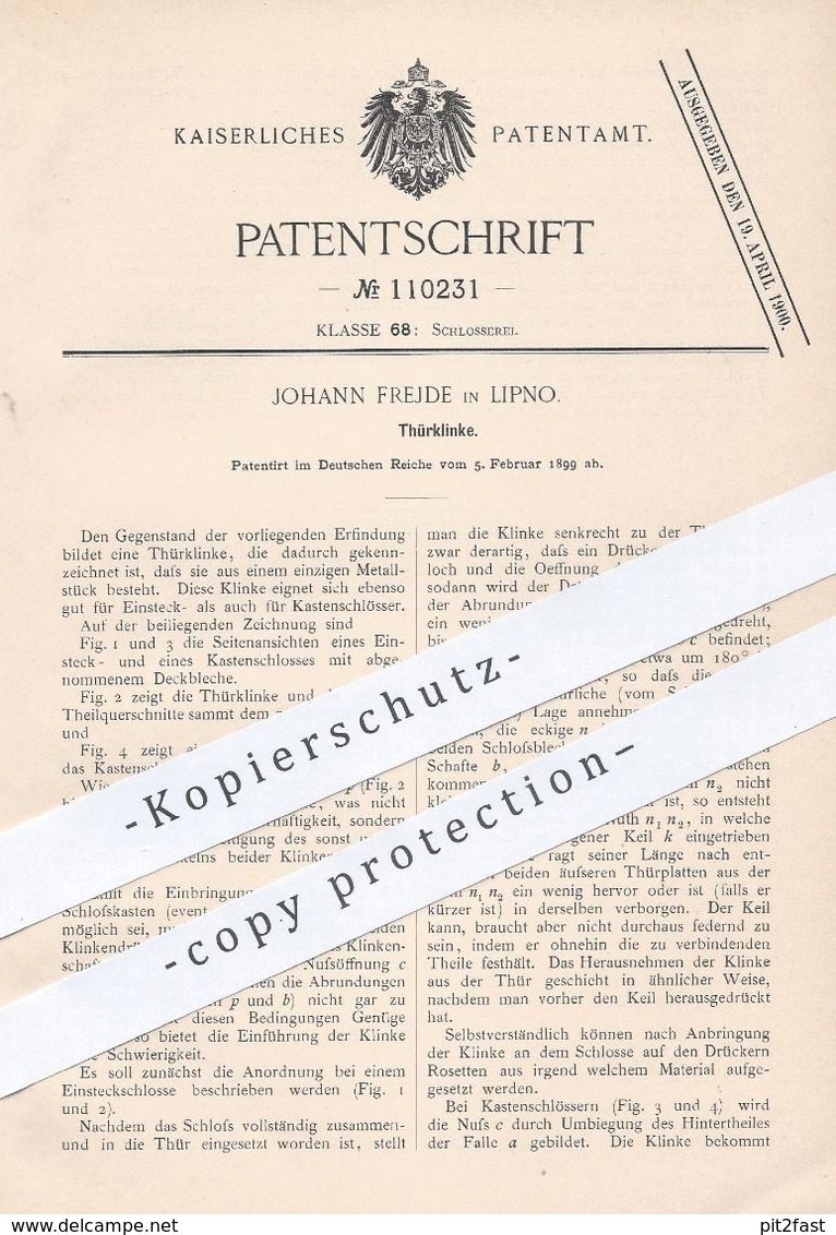 Original Patent - Johann Frejde , Lipno , Tschechien , 1899 , Türklinke | Tür Klinke | Schlosser , Schlosserei , Schloss - Historische Dokumente