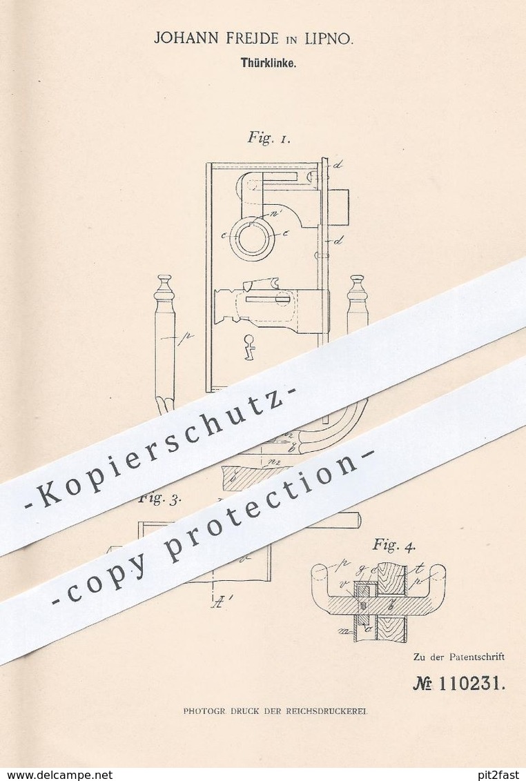 Original Patent - Johann Frejde , Lipno , Tschechien , 1899 , Türklinke | Tür Klinke | Schlosser , Schlosserei , Schloss - Historische Dokumente