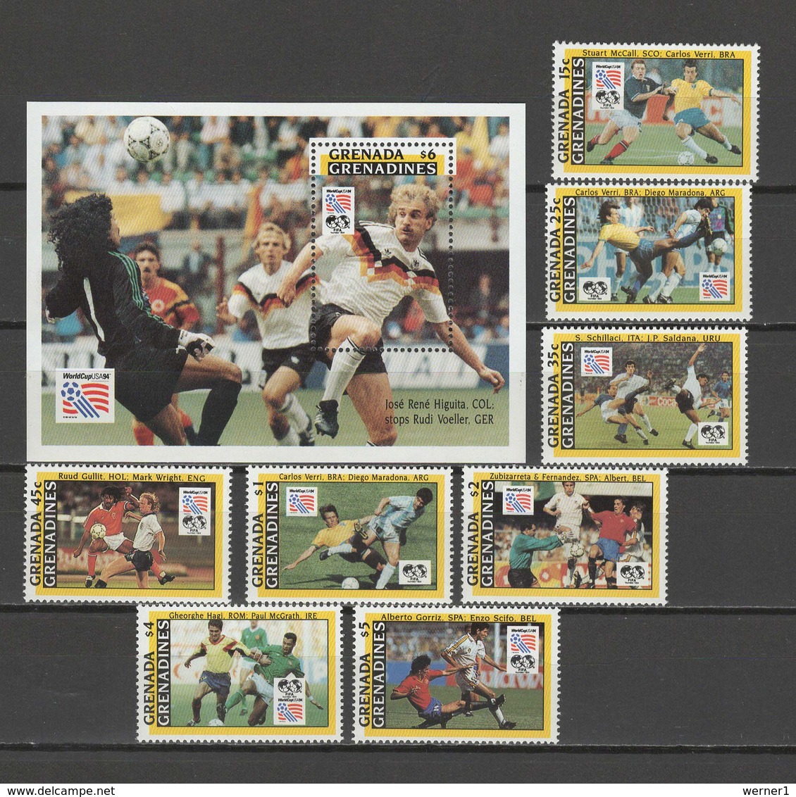 Grenada - Grenadines 1993 Football Soccer World Cup Set Of 8 + S/s MNH - 1994 – USA